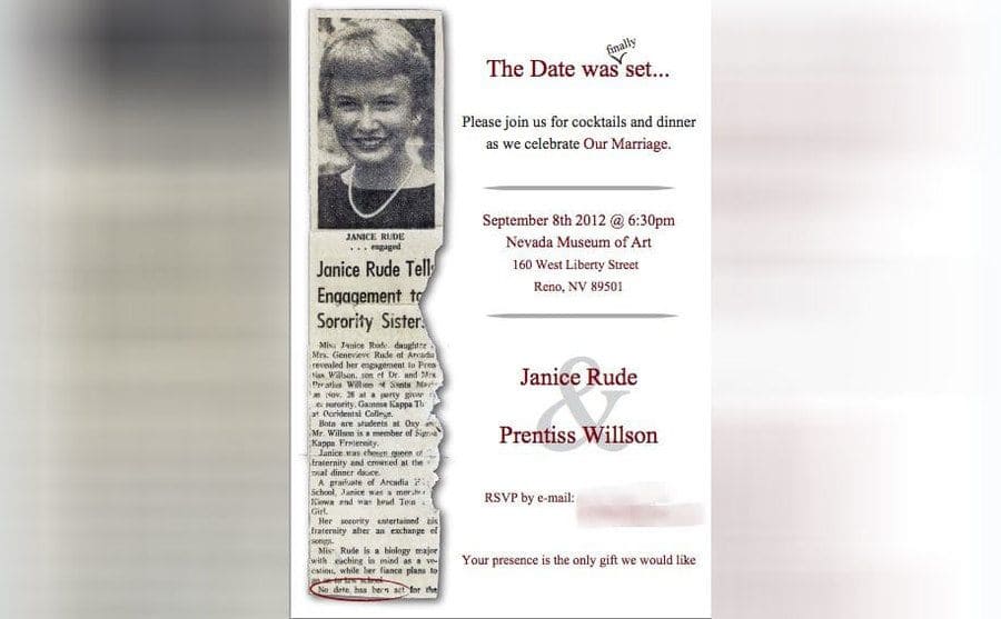 The newspaper clipping with their engagement announcement and a new invitation for a wedding in 2012