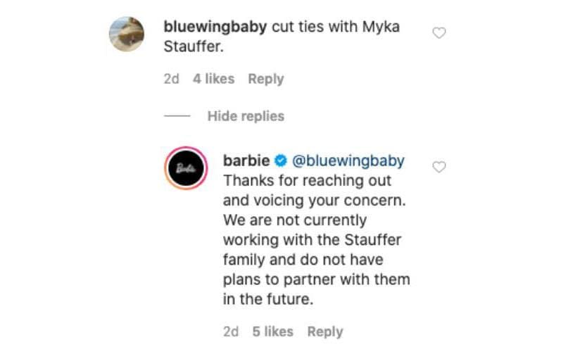 A comment on Instagram saying, ‘cut ties with Myka Stauffer’ 