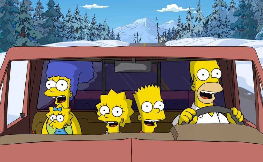 Marge, Lisa, Maggie, Bart, and Homer in a car from ‘The Simpsons Movie.’