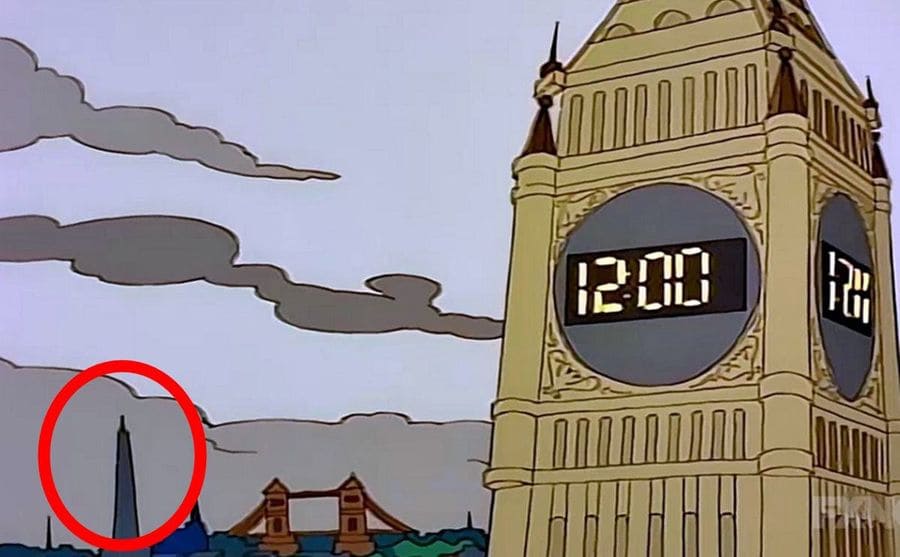 The Big Ben with a tall building in the skyline to the left of it in ‘The Simpsons’