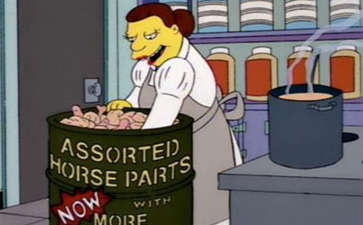 The lunch lady taking meat out of a barrel of horse parts on ‘The Simpsons’