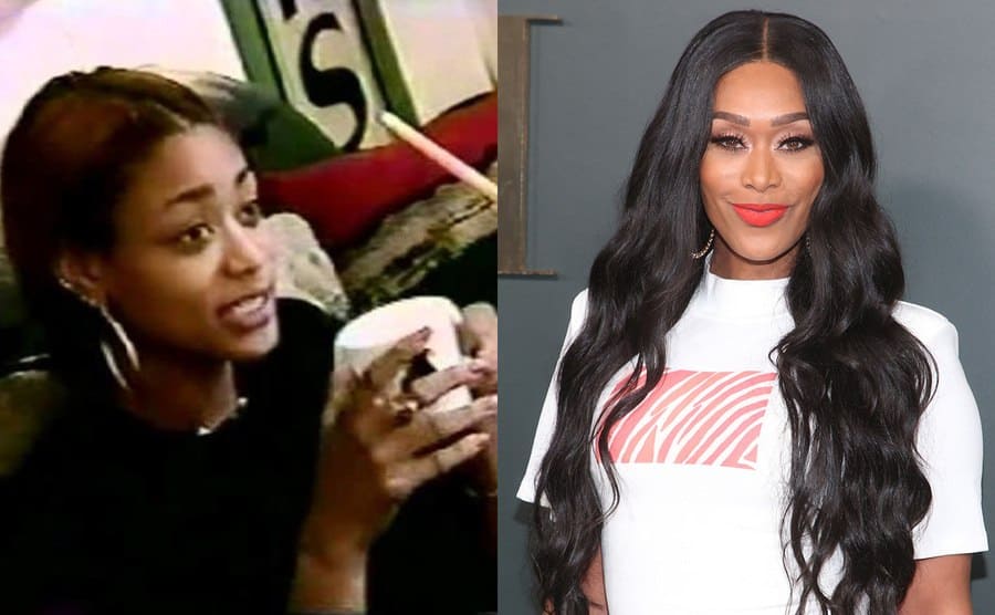 Tami Roman drinking a cup of coffee in ‘The Real World.’ / Tami Roman today 
