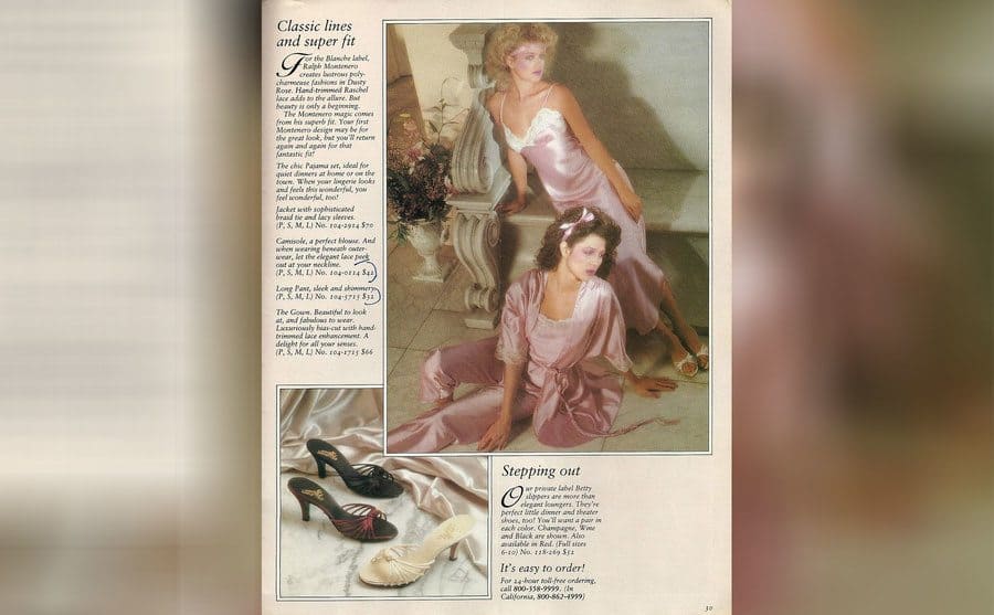 A page from a Victoria’s Secret catalog with two women in pink satin pajamas and a photograph of shoes 