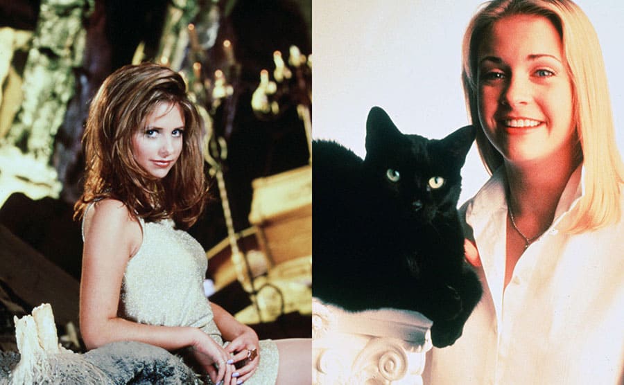 Sarah Michelle Gellar posing on a large rock. / Melisa Joan Hart as Sabrina standing with her cat, Salem 