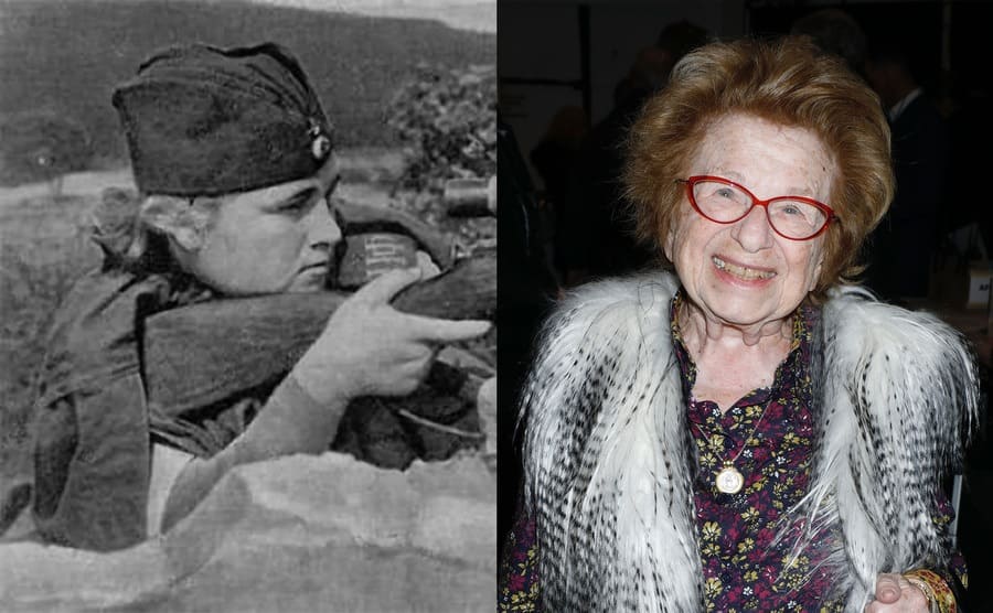 Ruth Westheimer in the army / Dr. Ruth wearing a fuzzy vest at New York Fashion Week 2019