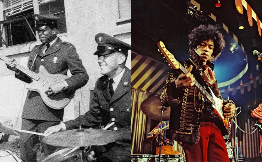 Jimmy Hendrix jamming in his uniform with another soldier / Jimmy Hendrix performing in 1967