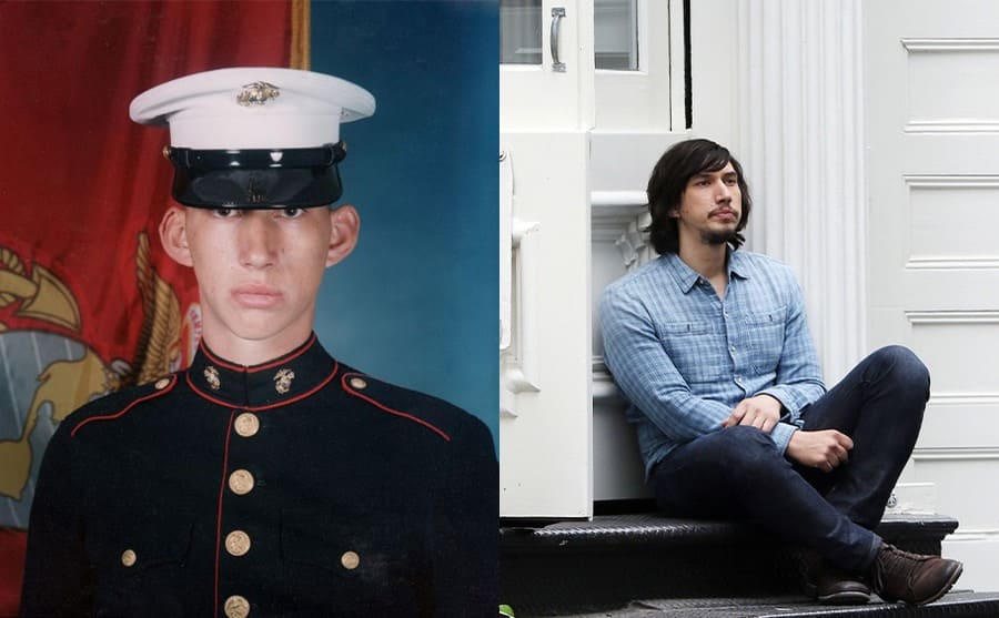 Adam Driver in uniform / Adam Driver sitting on a small set of steps leading up to a front door 