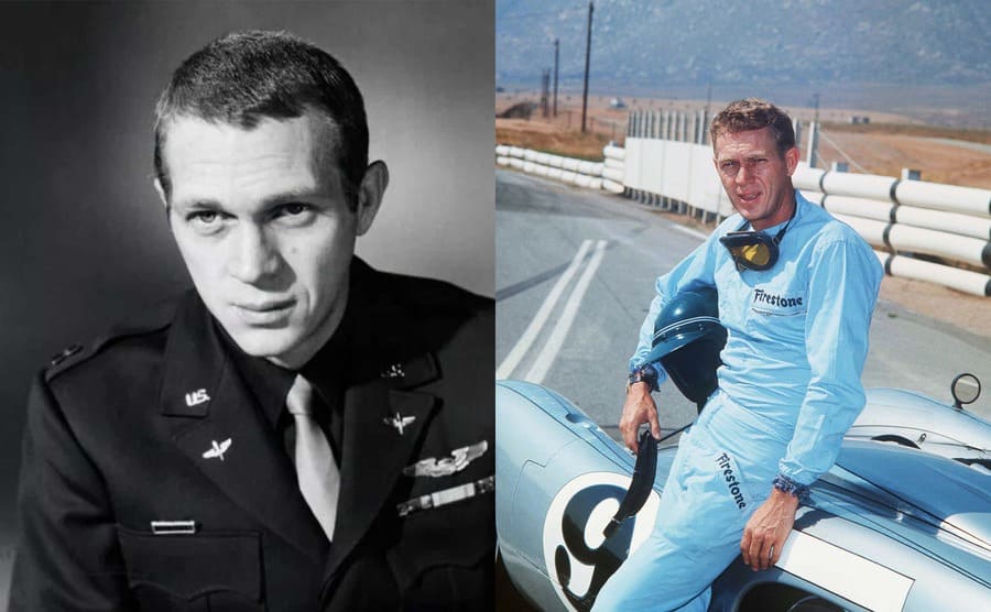 Steve McQueen in a military uniform / Steve McQueen standing by a race car circa 1960