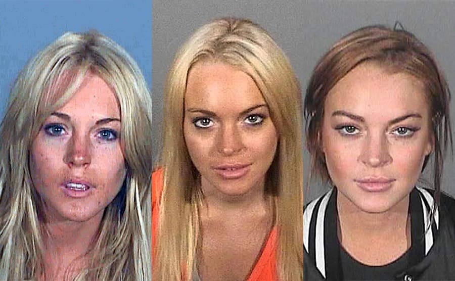 Lindsay Lohan’s mugshot from 2007. / Lindsay Lohan’s mugshot after surrendering herself into custody in 2010. / Lindsay Lohan’s mugshot from 2013.