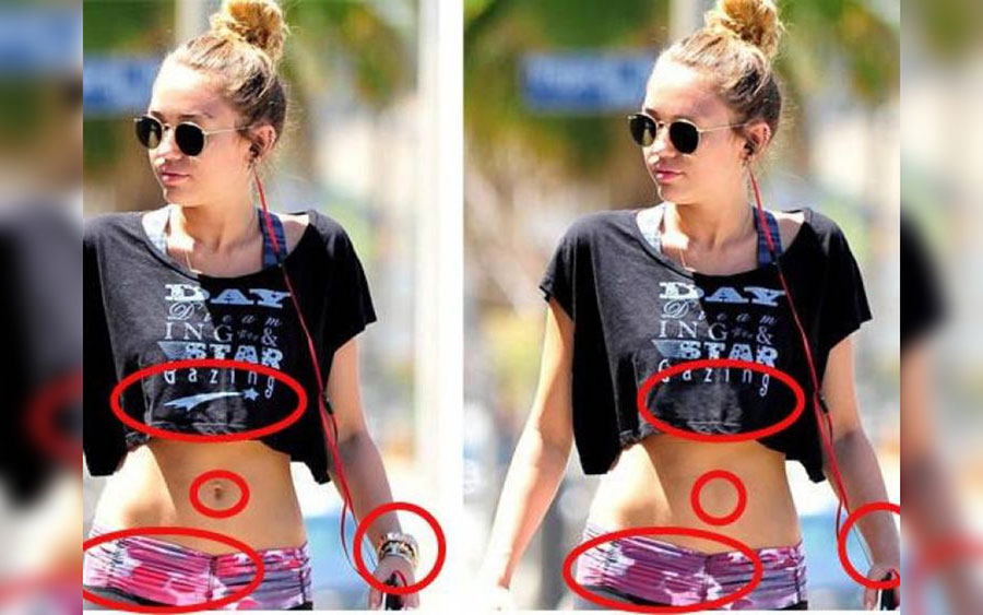 Miley Cyrus with circles highlighting differences from the original image