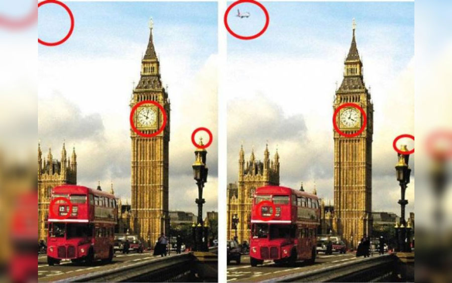 Buildings of Parliament with Big Ben tower in London, with circles highlighting differences from the original image