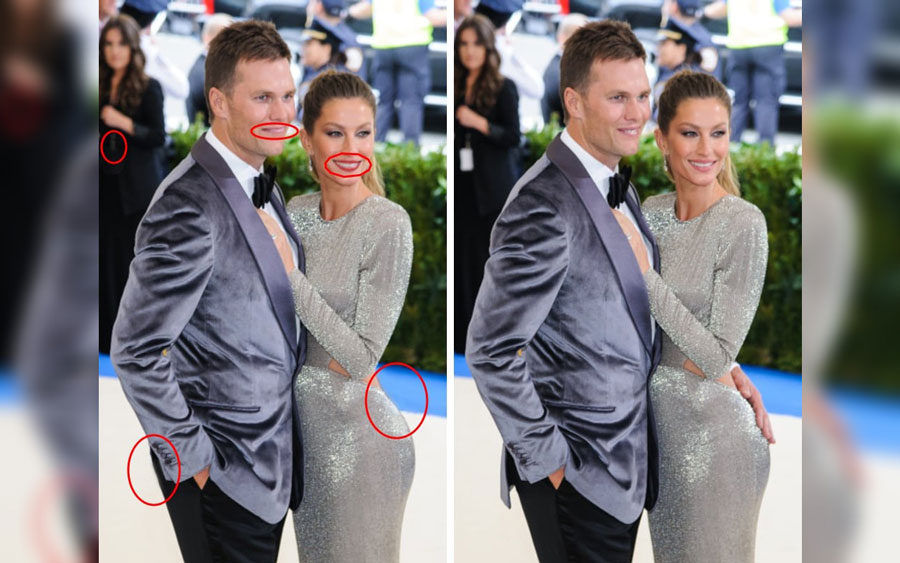 Giselle Bundchen and Tom Brady with circles highlighting differences from the original image