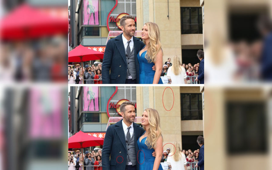 Ryan Reynolds, Blake Lively with circles highlighting differences from the original image