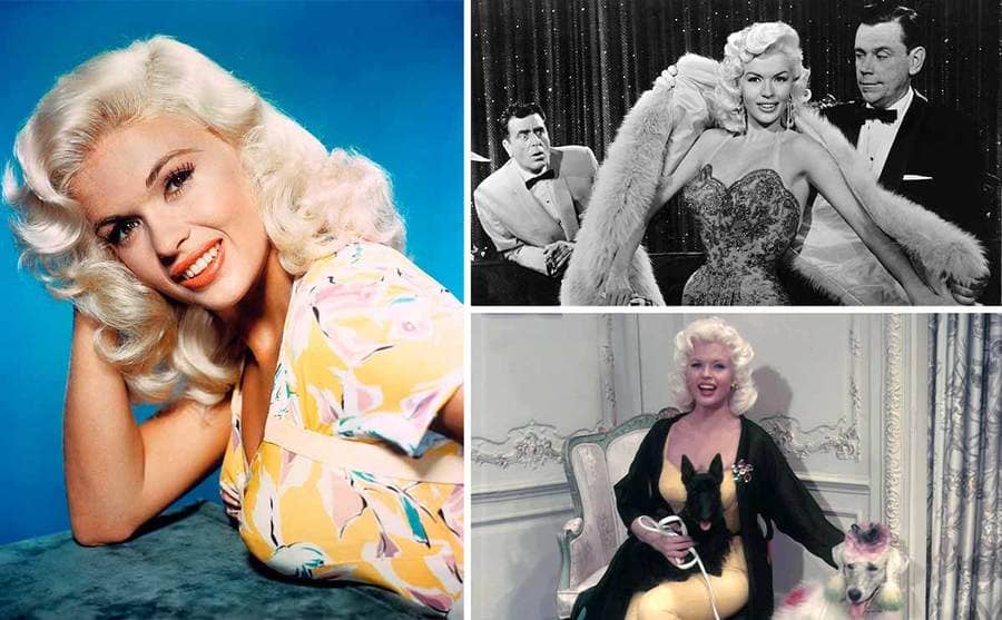 Jayne Mansfield posing in a yellow shirt / Tom Ewell removing Jayne Mansfield’s fuzzy wrap in a scene from The Girl Can’t Help It / Jayne Mansfield with a Scottie on her lap and Poodle sitting next to her 
