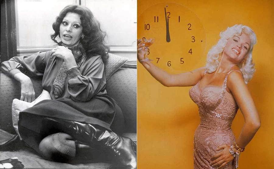 Sophia Loren sitting on the couch looking to her side / Jayne Mansfield holding up a glass of brandy with a clock on the wall behind her 