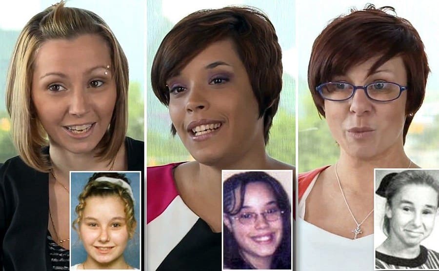 Michelle Knight, Amanda Berry, and Georgina DeJesus next to photographs of them before they were kidnapped