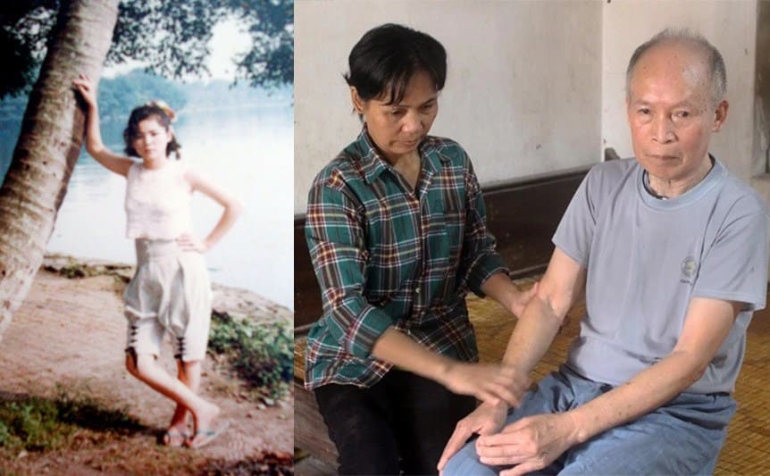Nguyen Thi Van as a young girl next to her now sitting with her father