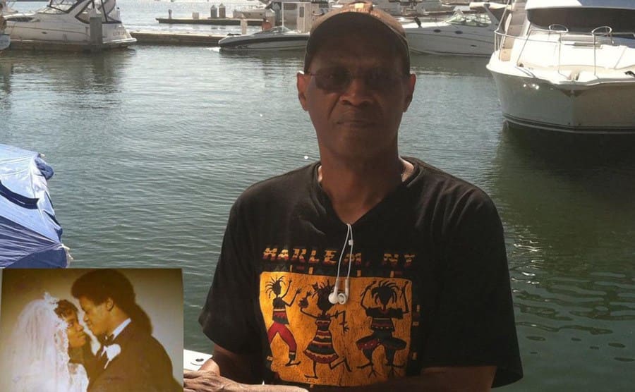 Winston Bright today on his boat with a small photograph of him and his wife at their wedding in the corner