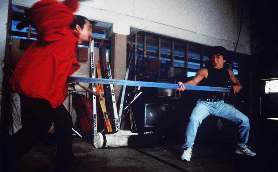 Jackie Chan during a fight scene in Rumble in the Bronx 