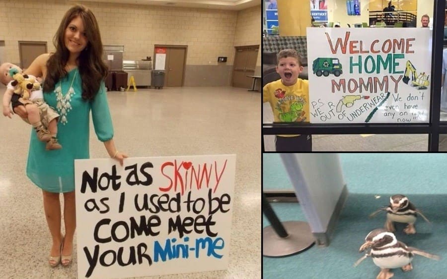 A woman holding a welcome sign with a baby in hand / welcome home mom and baby banner/penguins going through airport security.
