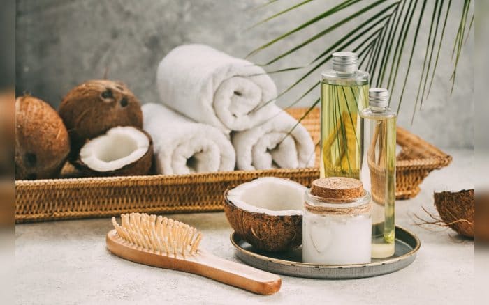 Natural coconut oil for body and hair care. Spa composition.
