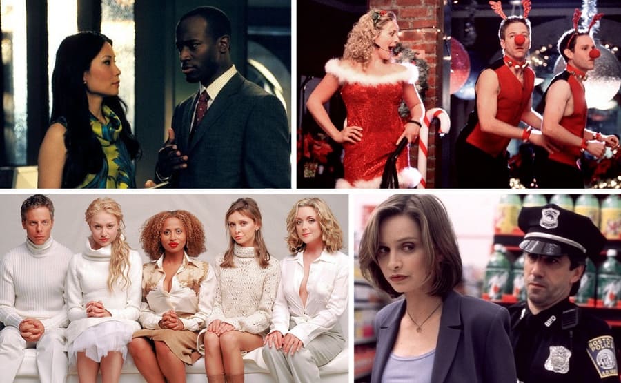 Greg Germann, Portia de Rossi, Lisa Nicole Carson, Calista Flockhart, and Jane Krakowski sitting together on a white couch / Jane Krakowski singing in a red dress with Greg Germann and Peter MacNicol performing in vests with antlers and red noses / Lucy Liu and Taye Diggs having a conversation in an episode of Ally McBeal / Calista Flockhart being arrested in an episode of Ally McBeal / 