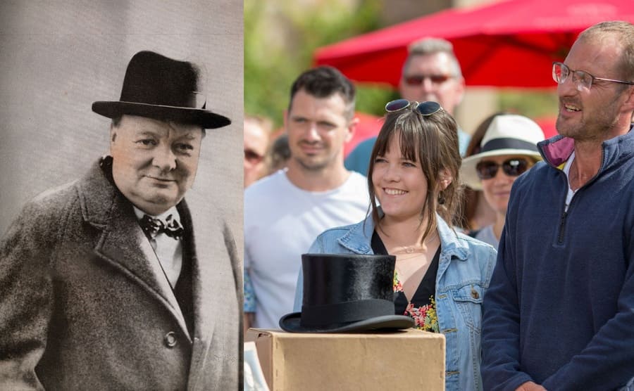 Winston Churchill wearing his top hat in a portrait / A couple standing in front of the top hat sitting on a box