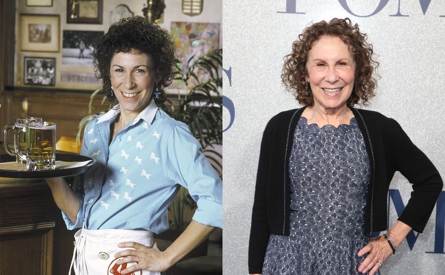 Rhea Perlman holding a tray of beers on the set of Cheers / Rhea Perlman on the red carpet today 