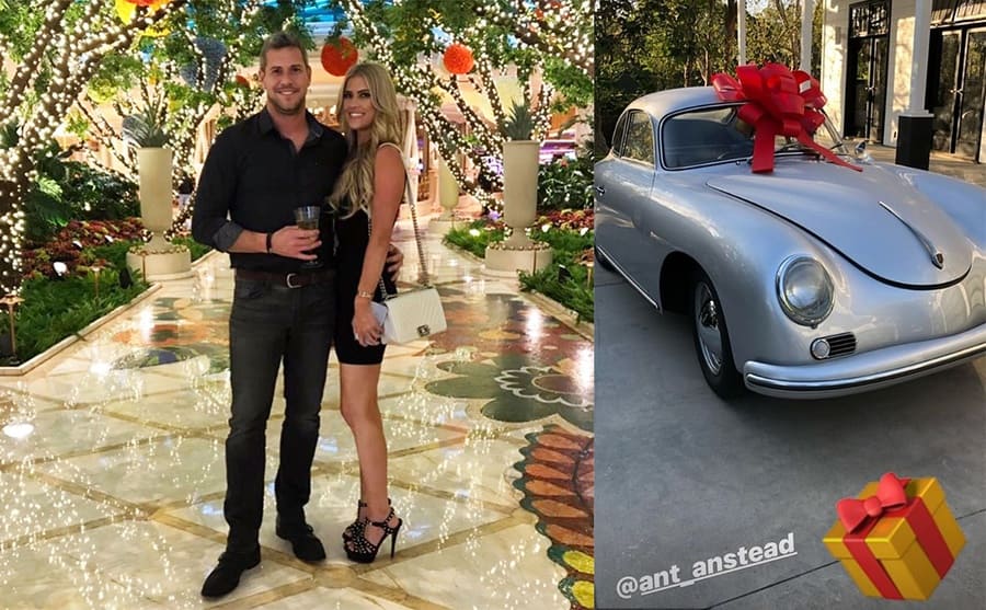 Anthony and Christina posing together in a fancy hall at an event / The story that Christina posted with the Porche and a large red ribbon on it 