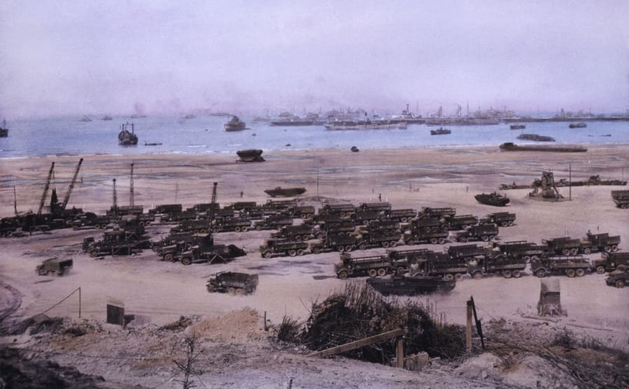 Tanks lining the beaches after the D-Day invasion 