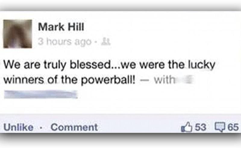 Mark Hill’s post on Facebook about winning the lottery