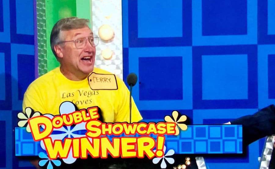 Terry looking excited with ‘Double Showcase Winner!’ written across the screen 