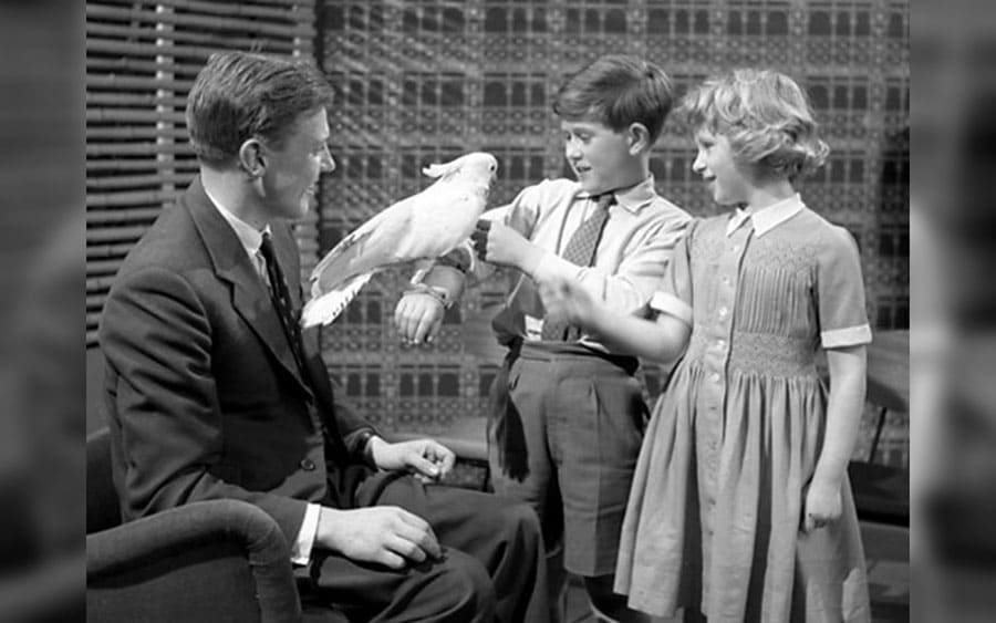 Prince Charles and Princess Anne in the studio along with Attenborough’s pet cockatoo