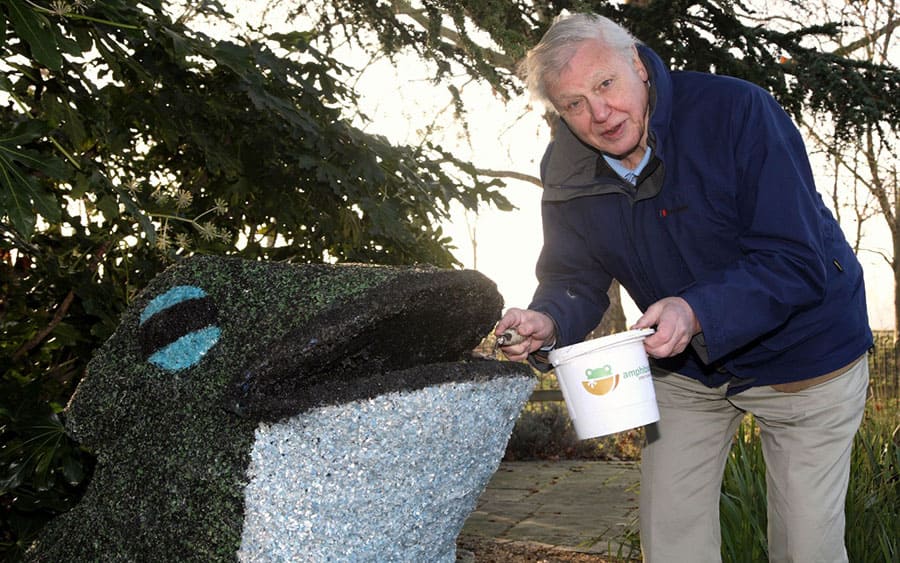 David Attenborough with the new frog sculpture constructed entirely of recycled materials
