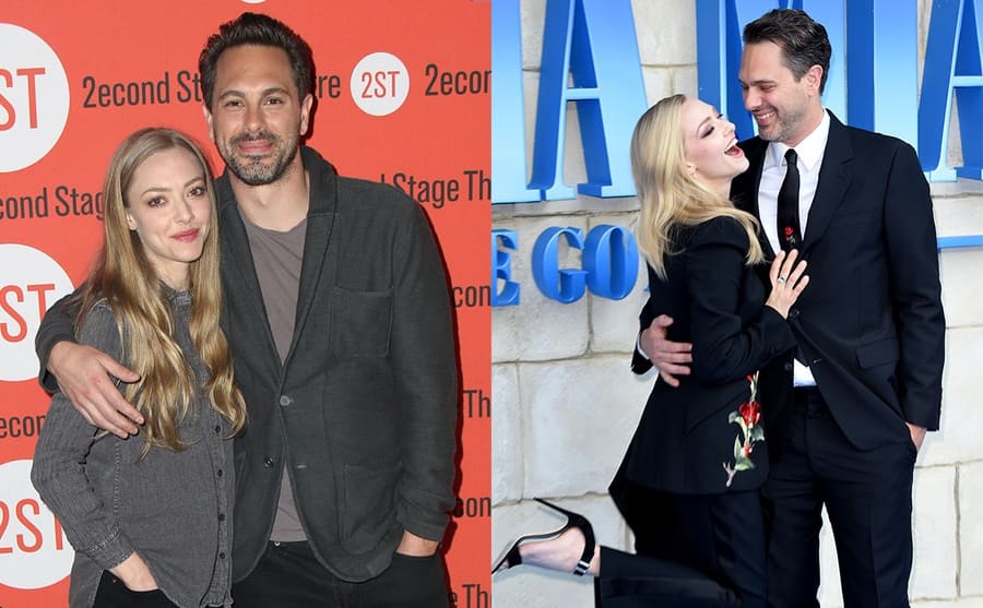 Amanda Seyfried and Thomas Sadoski on the red carpet in 2015 / Amanda Seyfried and Thomas Sadoski laughing together on the red carpet in 2018