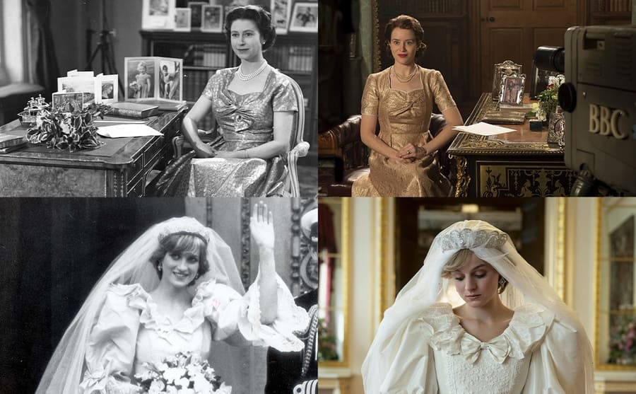 Queen Elizabeth II sitting next to a desk after making her Christmas Day message on TV and radio 1957 / Claire Foy as Queen Elizabeth II sitting next to the desk with cameras around her about to do the 1957 Christmas Day message / Princess Diana on her wedding day waving to a crowd / Emma Corrin as Princess Diana on her wedding day in The Crown 