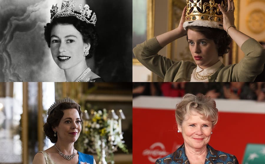 Queen Elizabeth II circa the mid-1950s / Claire Foy as season 1 Queen Elizabeth II / Olivia Colman as Season 3 Queen Elizabeth II / Imelda Staunton on the red carpet 2019 