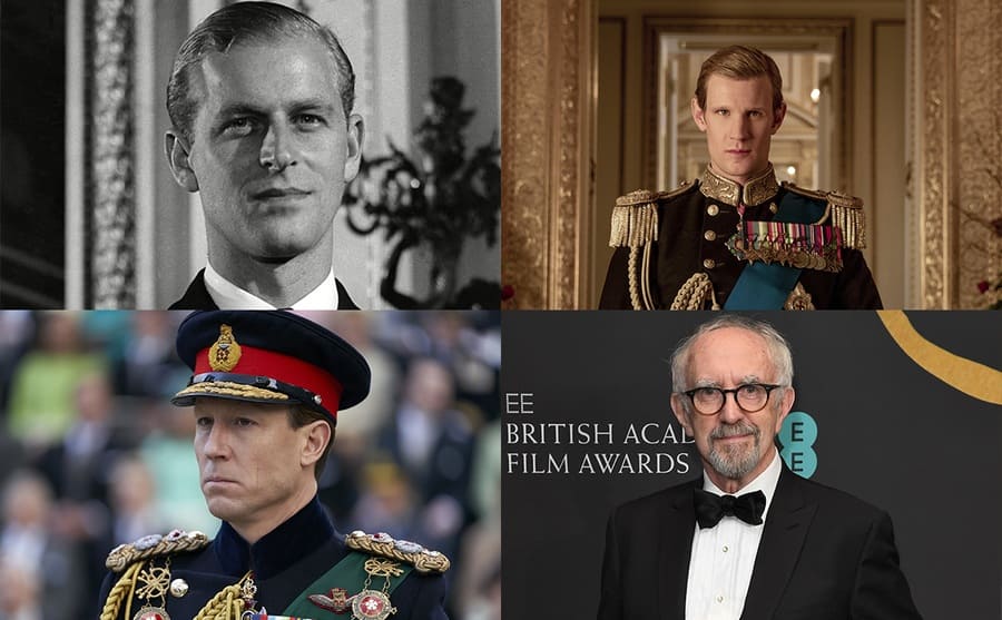 Prince Philip circa 1947 / Matt Smith as season 1 Prince Philip / Tobias Menzies as season 3 Prince Philip / Jonathan Pryce on the red carpet in 2020 