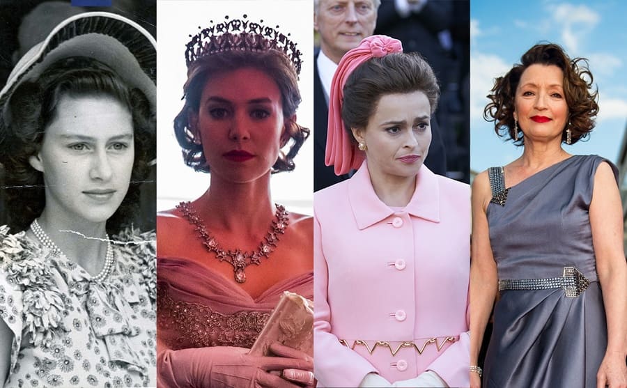 Princess Margaret wearing a large, brimmed hat 1947 / Vanessa Kirby wearing a crown and gown as season one Princess Margaret / Helena Bonham Carter as season 3 Princess Margaret / Lesley Manville in a gown on the red carpet in 2019 