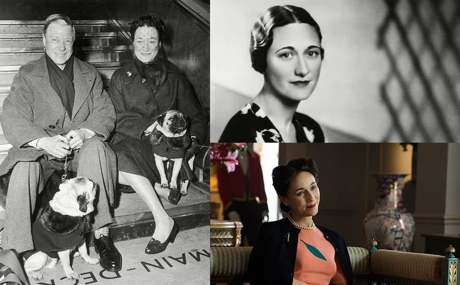 Wallis Simpson with the King and their pugs / Wallis Simpson posing in 1936 / Lia Williams as Wallis Simpson sitting in a chair at the palace 