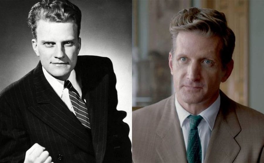Billy Graham circa 1947 / Paul Sparks as Billy Graham in The Crown 