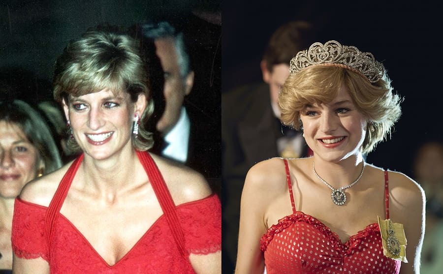 Princess Diana out and about circa 1995 / Emma Corrin as Princess Diana in season 4 of the Crown 