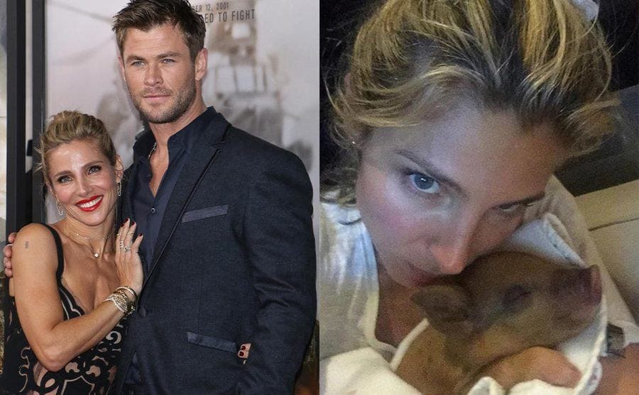 Elsa Pataky and Chris Hemsworth posing on the red carpet in 2018 / Elsa posing with the piglet 