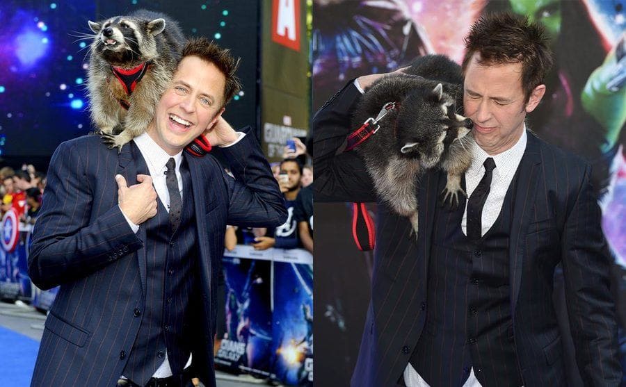 James Gunn with the racoon at the premiere of Guardians of the Galaxy / James Gunn getting kisses from the racoon on the red carpet 