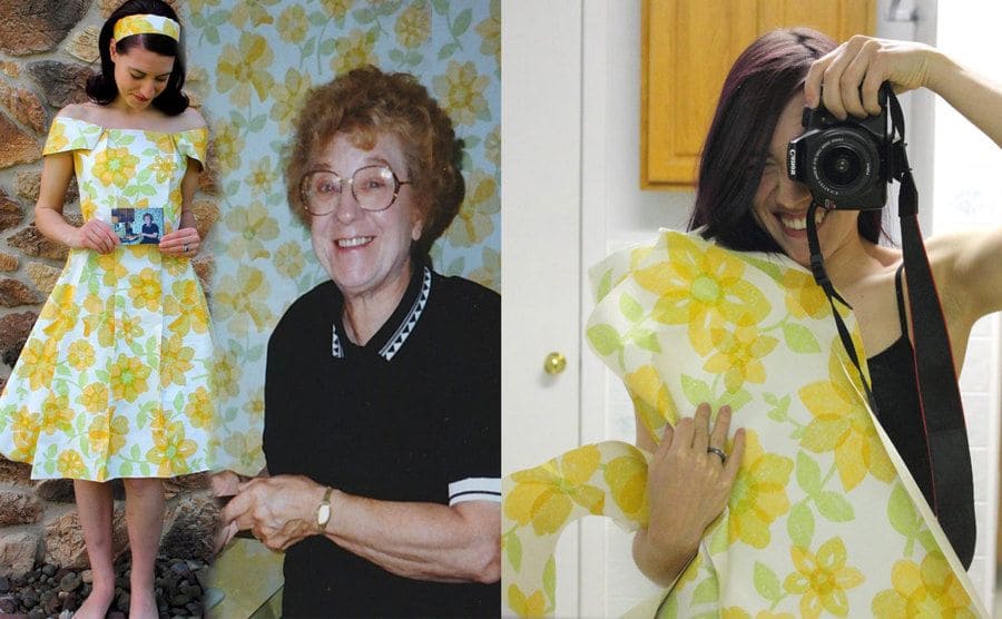 A woman standing in the wallpaper dress holding a photograph of her grandmother in the kitchen with the same photo blown up next to her / A woman holding the wallpaper in her hand and taking a selfie with a Canon camera 