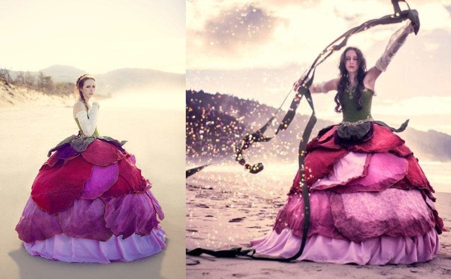 A woman wearing a dress with large flower petals all around the puffy skirt on the beach / A different woman wearing the same dress dancing with a scarf on the beach 