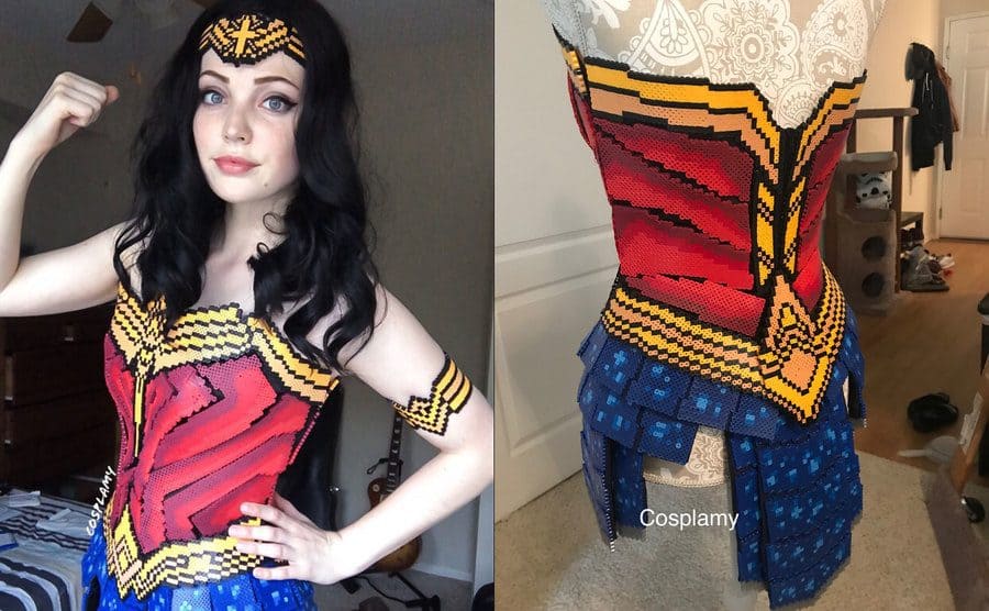 A Wonderwoman cosplay outfit made out of fuse beads / The black detail of the outfit 