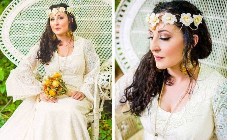 A woman wearing a long white wedding dress and sitting on a white wicker chair / A close up of the lace detail in the dress and the flower headband 