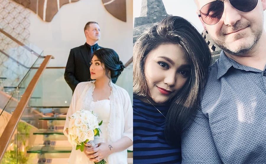 Eric and Leida posing on hotel steps on their wedding day / Leida and Eric taking a selfie on vacation 