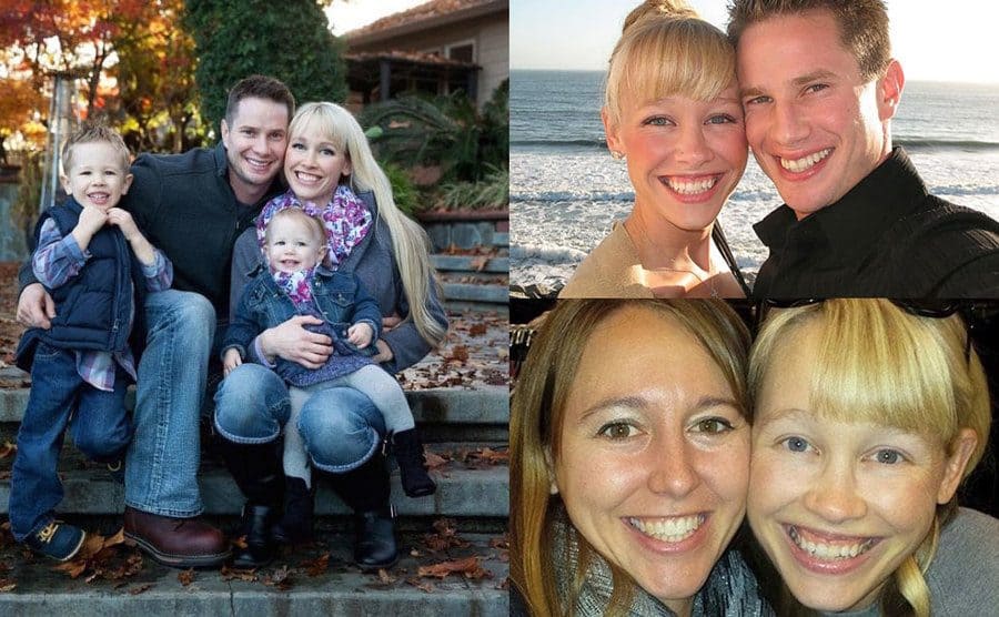 Sherri and Keith Papini sitting on stairs hugging with their two little children / Sherri and Keith hugging and smiling / Sherri Papini and her sister smiling